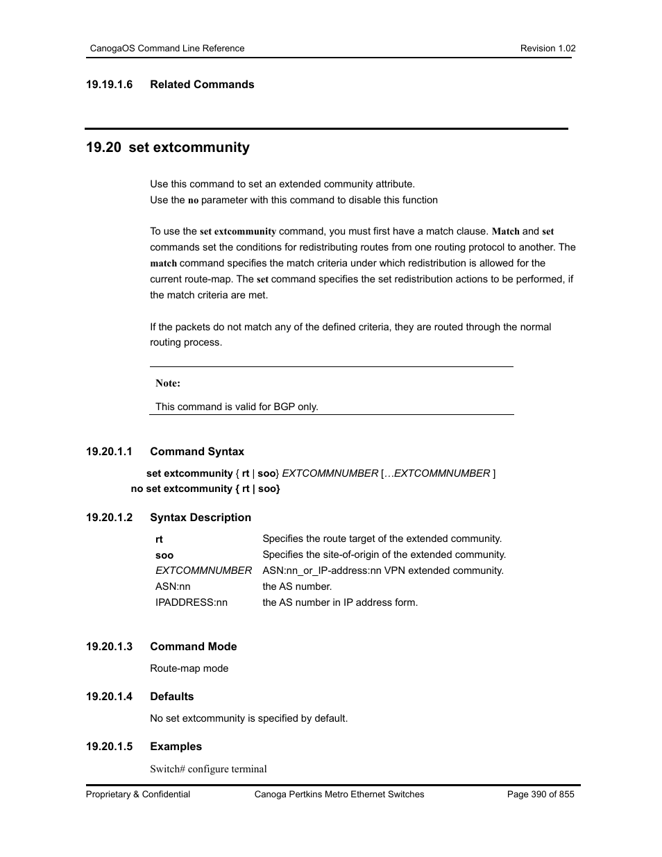 20 set extcommunity | CANOGA PERKINS CanogaOS Command Reference User Manual | Page 390 / 855