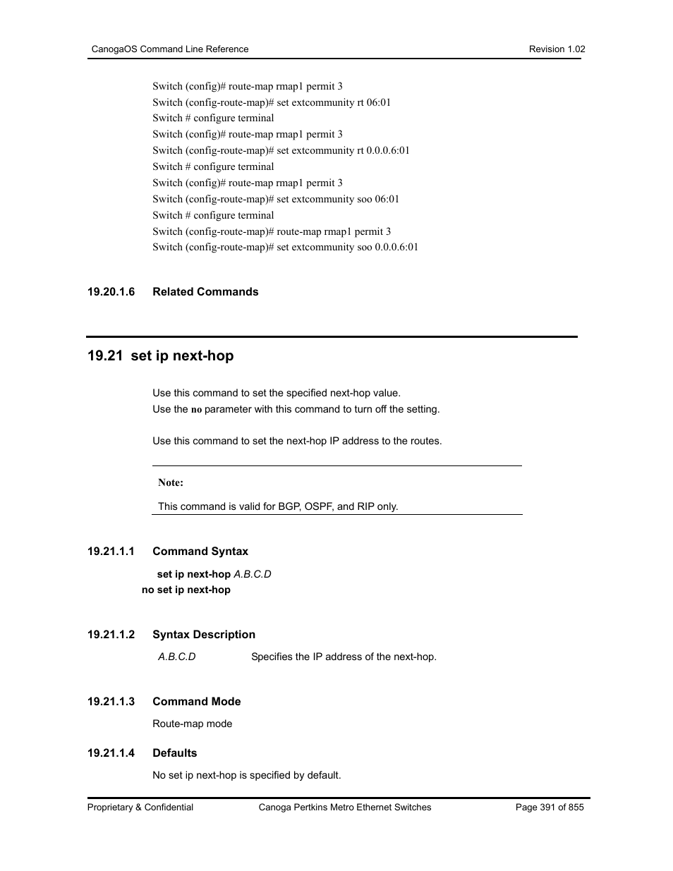 21 set ip next-hop | CANOGA PERKINS CanogaOS Command Reference User Manual | Page 391 / 855