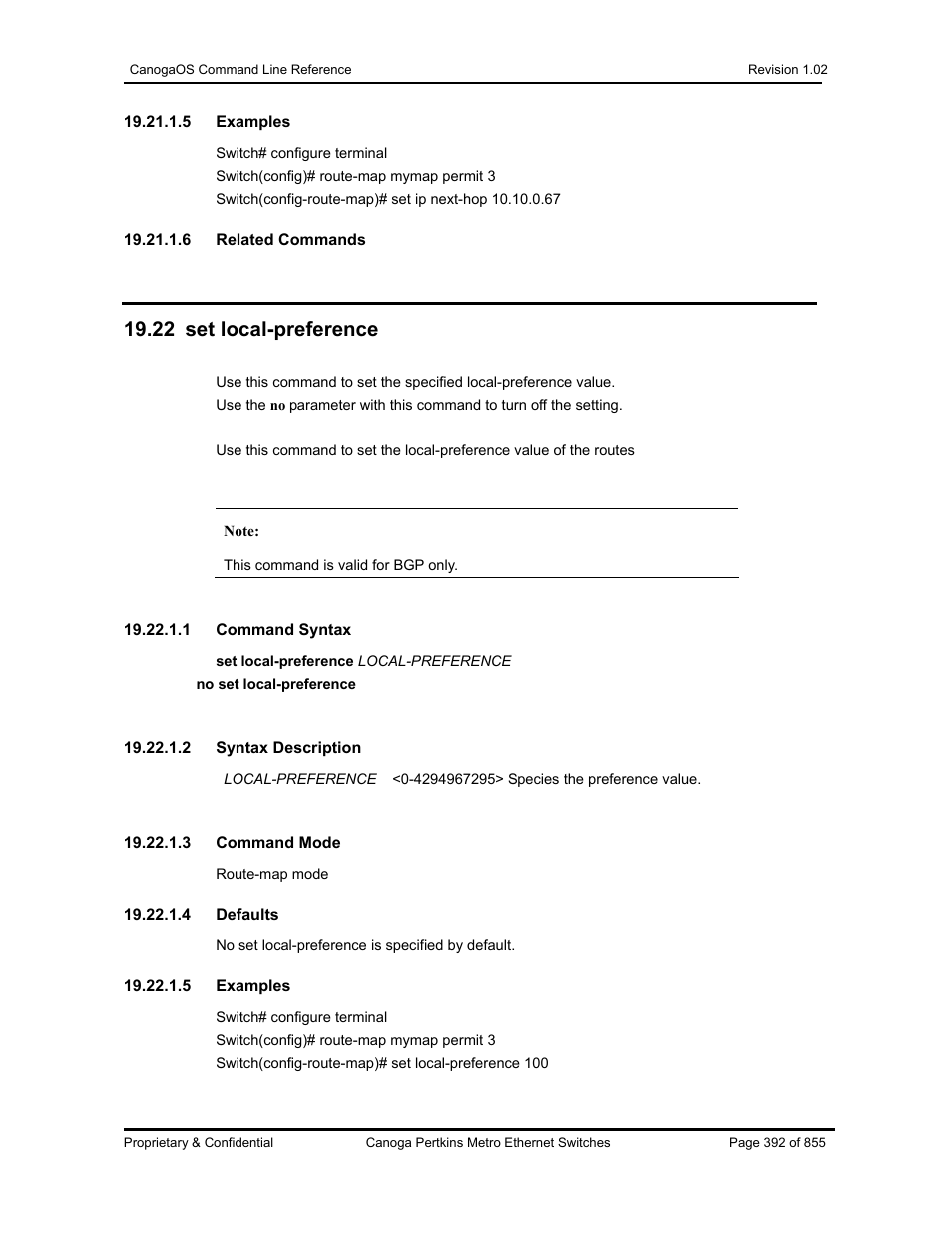 22 set local-preference | CANOGA PERKINS CanogaOS Command Reference User Manual | Page 392 / 855