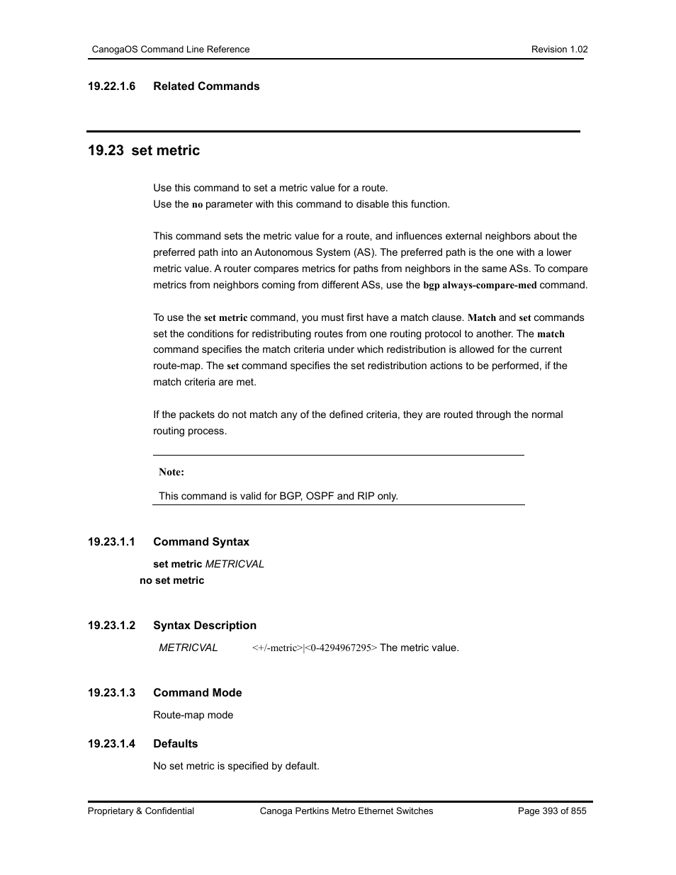 23 set metric | CANOGA PERKINS CanogaOS Command Reference User Manual | Page 393 / 855