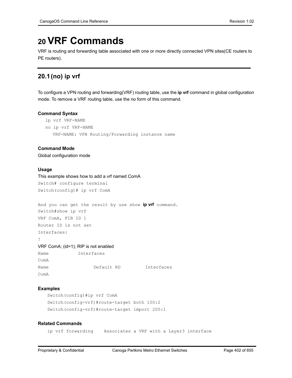Vrf commands, 1 (no) ip vrf | CANOGA PERKINS CanogaOS Command Reference User Manual | Page 402 / 855