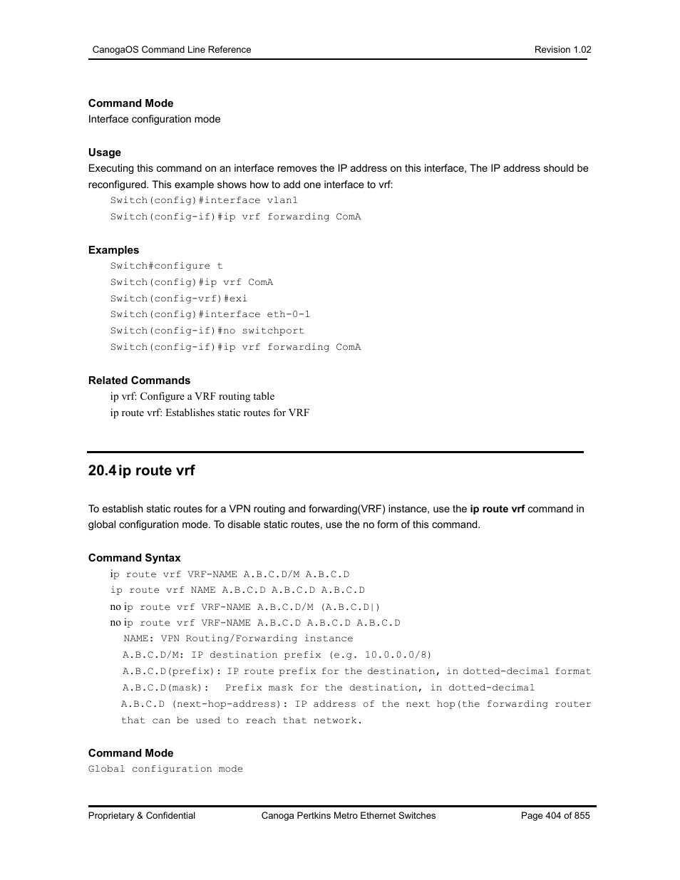4 ip route vrf | CANOGA PERKINS CanogaOS Command Reference User Manual | Page 404 / 855