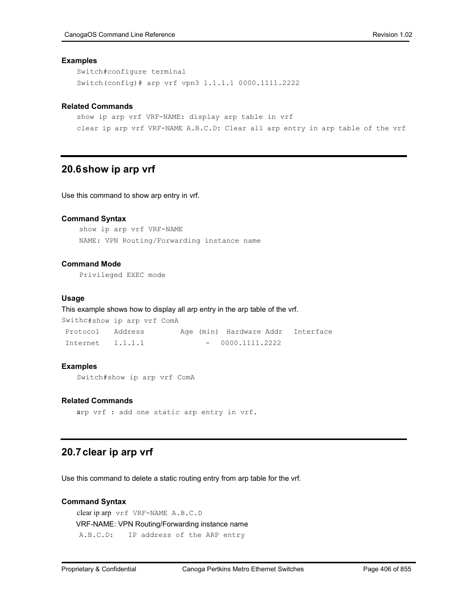 6 show ip arp vrf, 7 clear ip arp vrf | CANOGA PERKINS CanogaOS Command Reference User Manual | Page 406 / 855