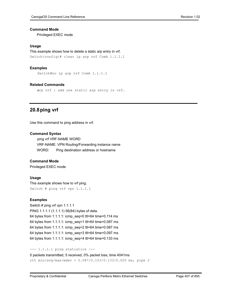 8 ping vrf | CANOGA PERKINS CanogaOS Command Reference User Manual | Page 407 / 855