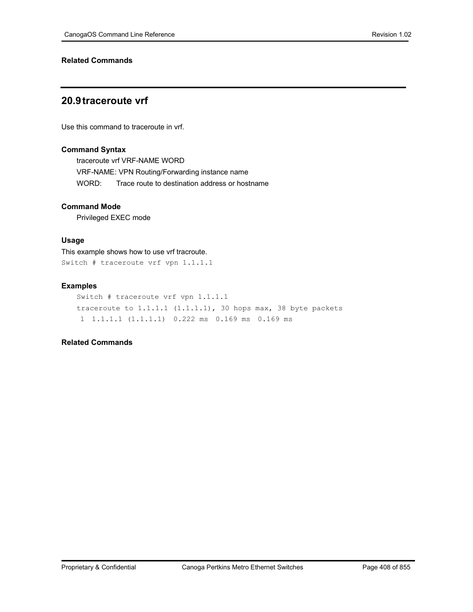 9 traceroute vrf | CANOGA PERKINS CanogaOS Command Reference User Manual | Page 408 / 855