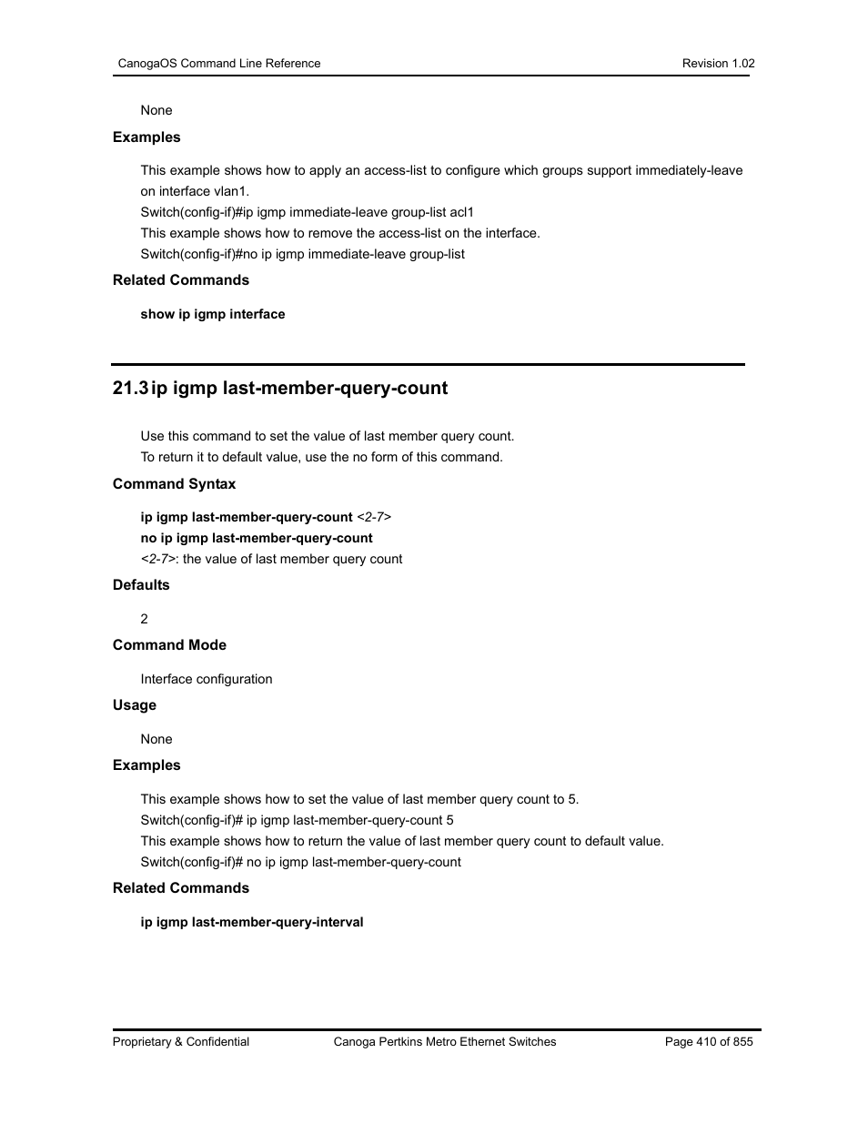 3 ip igmp last-member-query-count | CANOGA PERKINS CanogaOS Command Reference User Manual | Page 410 / 855