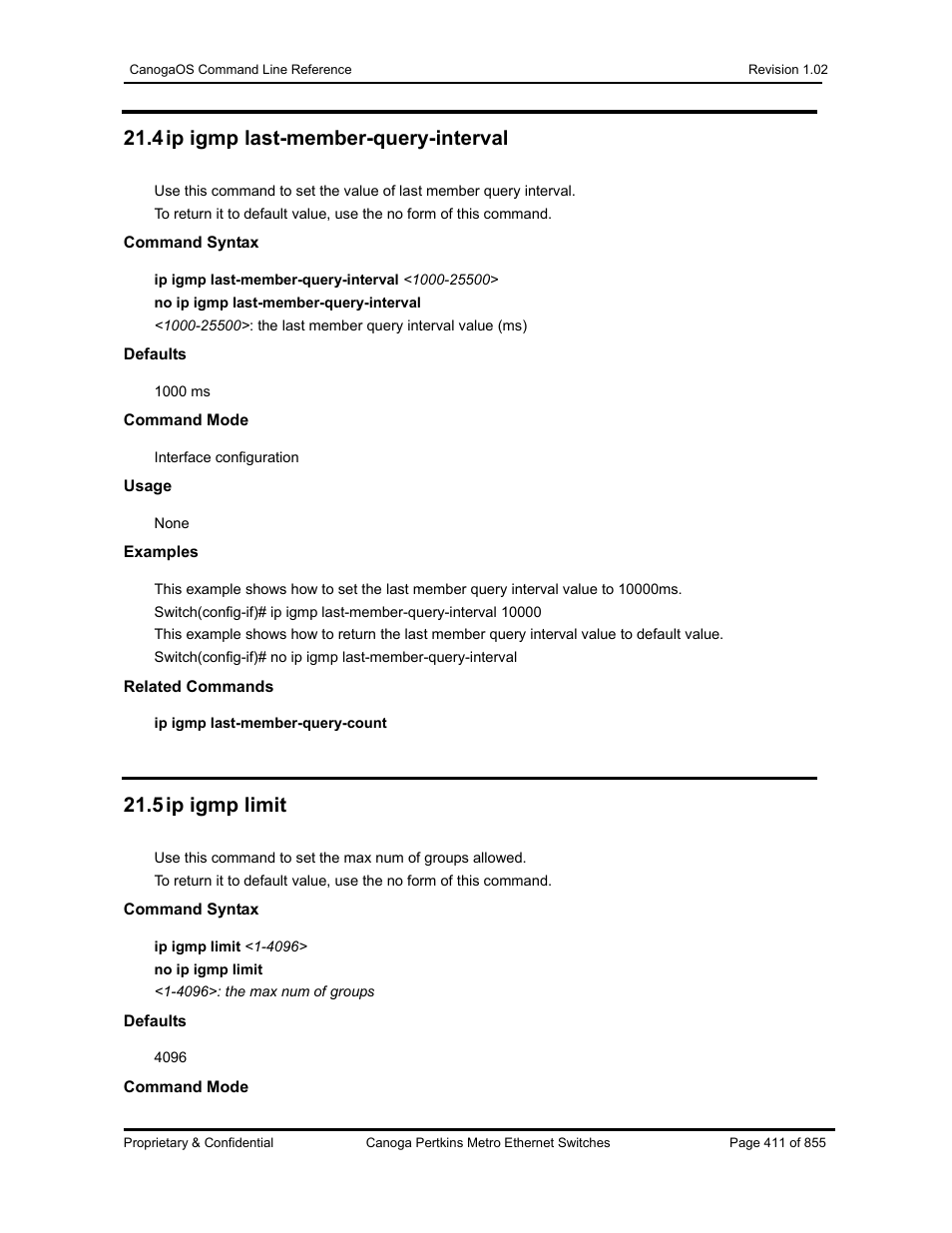 4 ip igmp last-member-query-interval, 5 ip igmp limit | CANOGA PERKINS CanogaOS Command Reference User Manual | Page 411 / 855