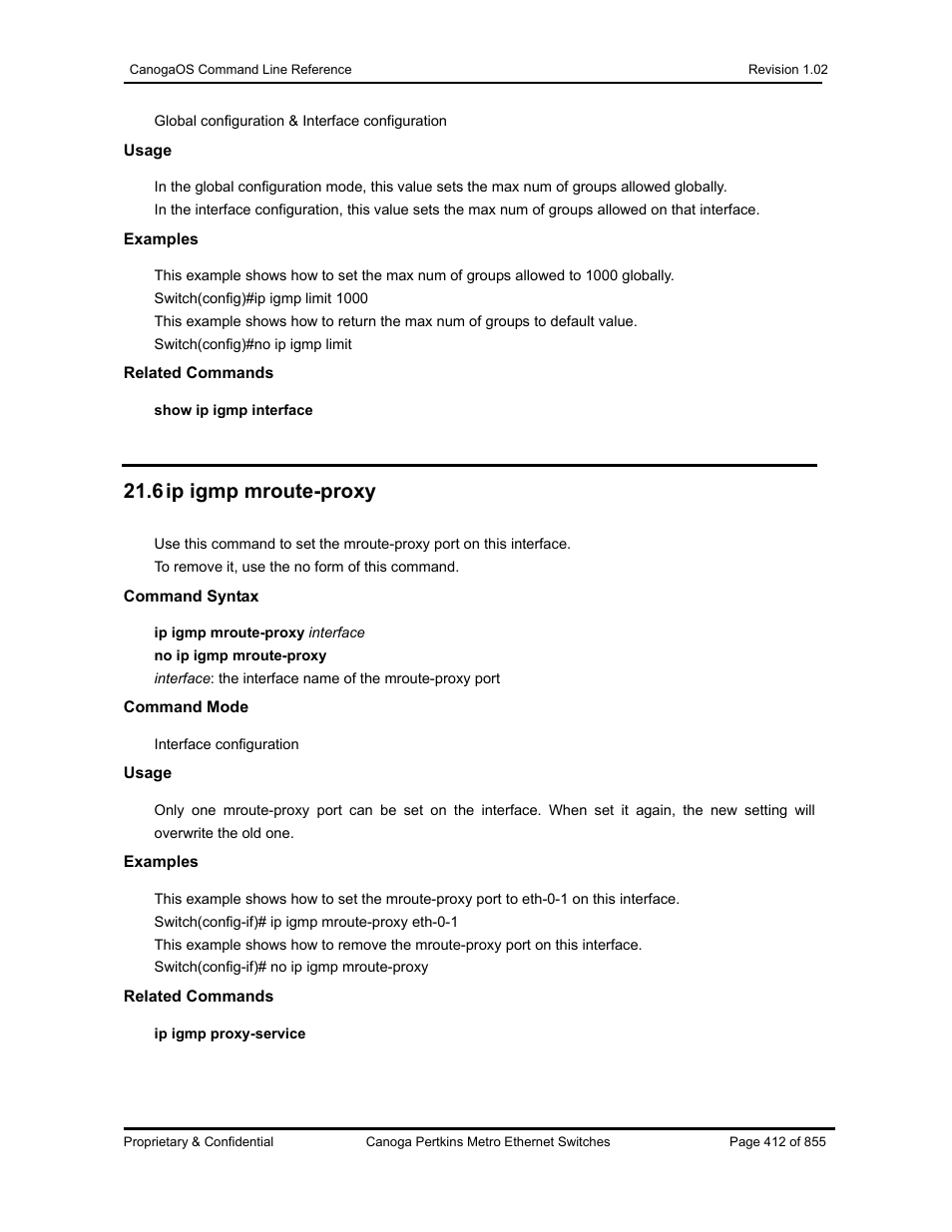 6 ip igmp mroute-proxy | CANOGA PERKINS CanogaOS Command Reference User Manual | Page 412 / 855