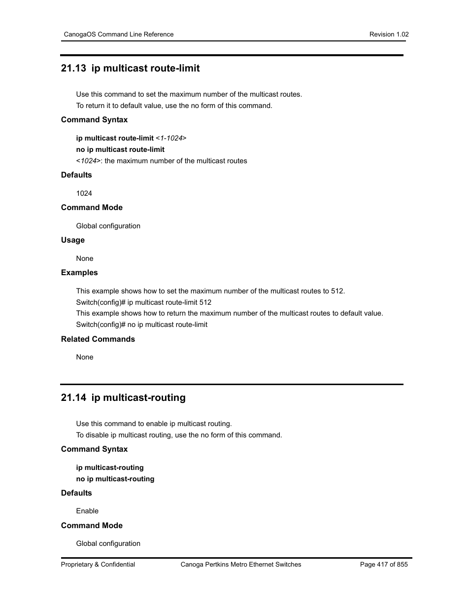 13 ip multicast route-limit, 14 ip multicast-routing | CANOGA PERKINS CanogaOS Command Reference User Manual | Page 417 / 855