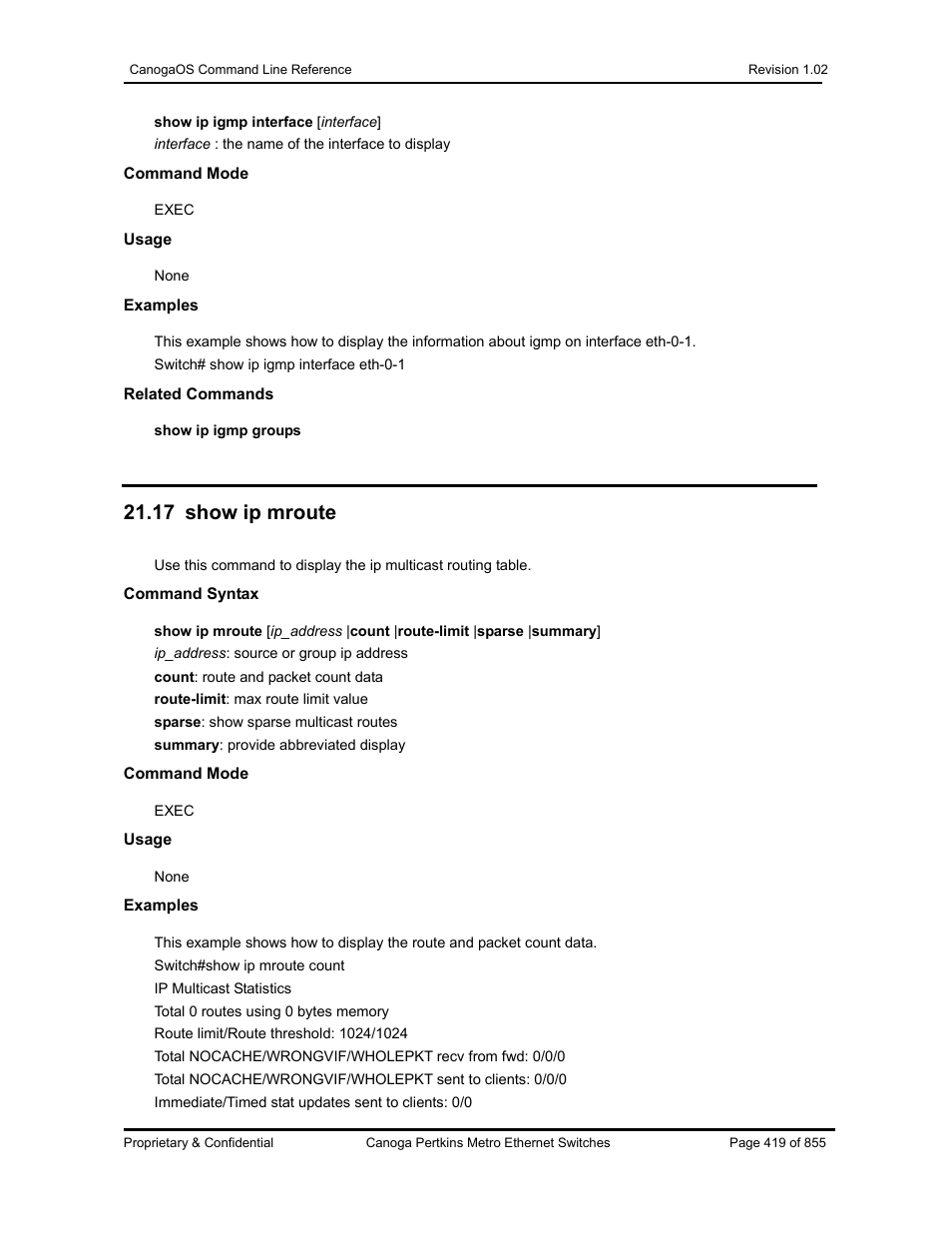 17 show ip mroute | CANOGA PERKINS CanogaOS Command Reference User Manual | Page 419 / 855