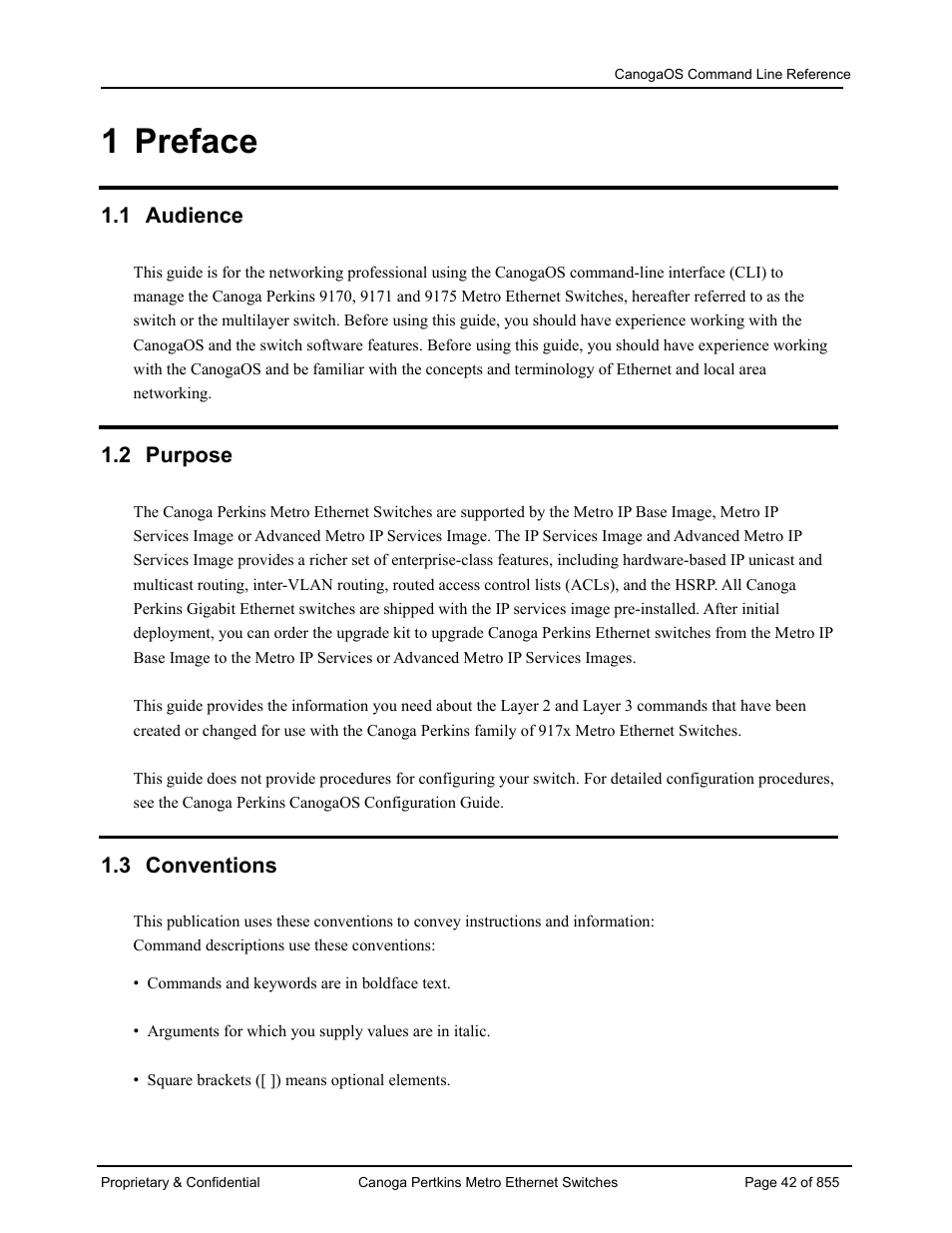 1 preface, 1 audience, 2 purpose | 3 conventions | CANOGA PERKINS CanogaOS Command Reference User Manual | Page 42 / 855