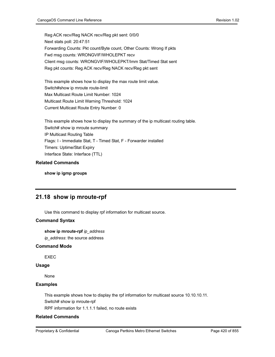 18 show ip mroute-rpf | CANOGA PERKINS CanogaOS Command Reference User Manual | Page 420 / 855