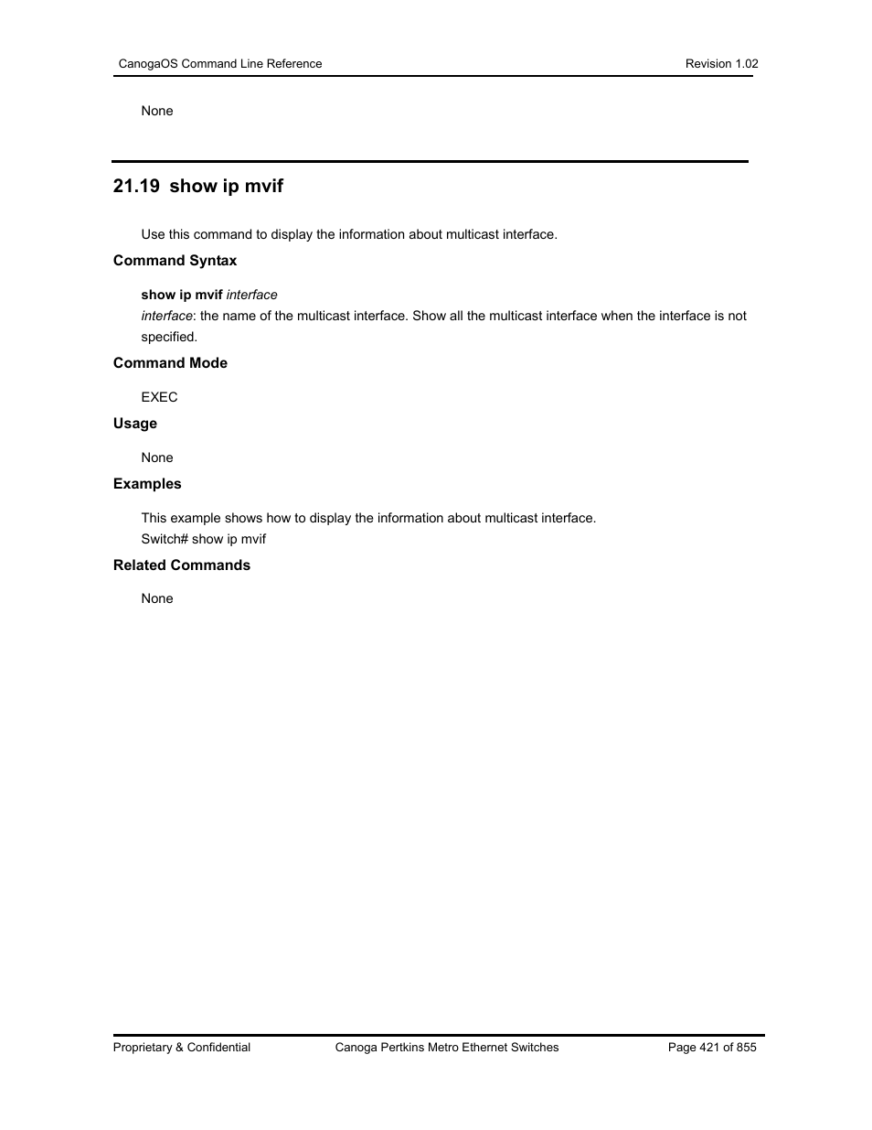 19 show ip mvif | CANOGA PERKINS CanogaOS Command Reference User Manual | Page 421 / 855