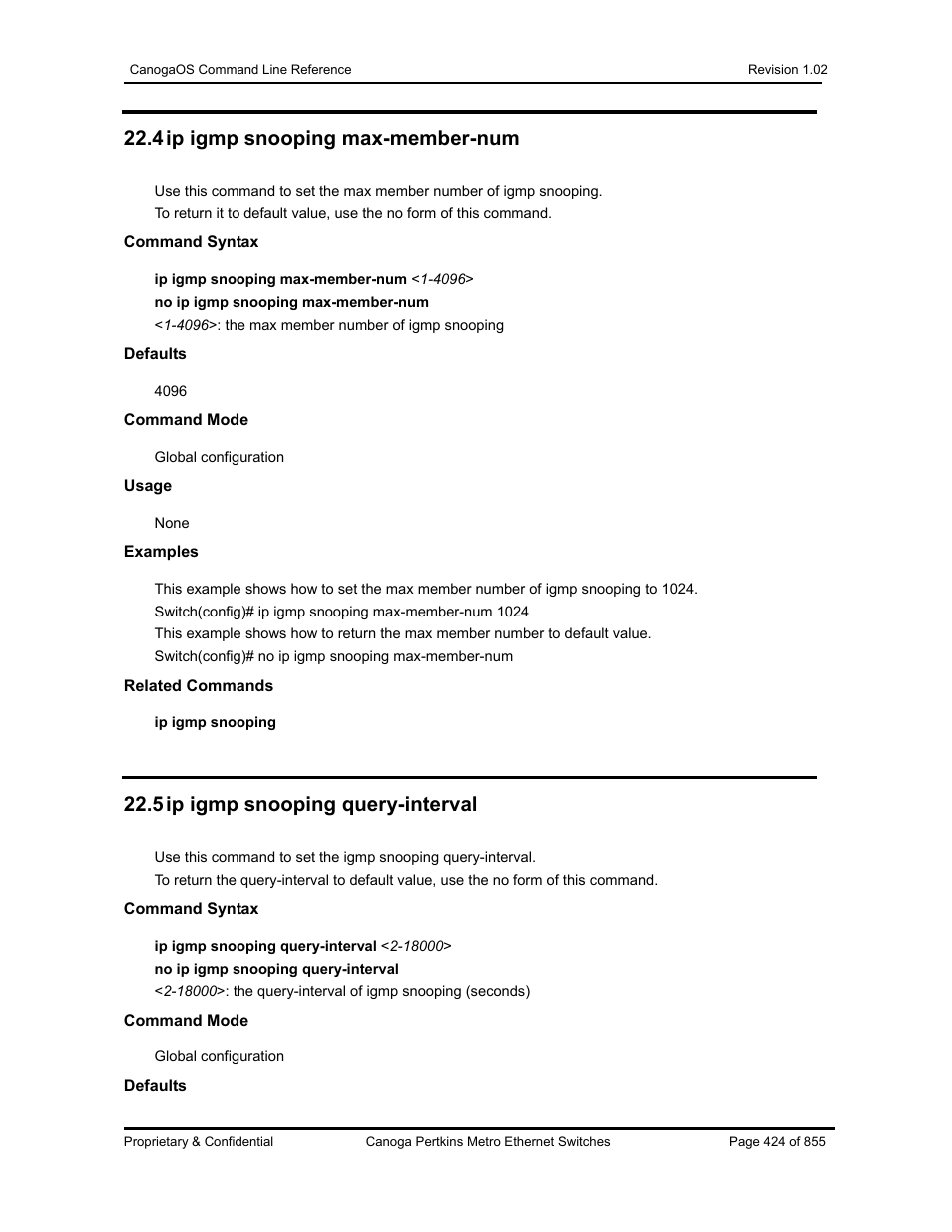 4 ip igmp snooping max-member-num, 5 ip igmp snooping query-interval | CANOGA PERKINS CanogaOS Command Reference User Manual | Page 424 / 855