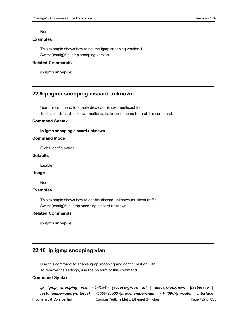 9 ip igmp snooping discard-unknown, 10 ip igmp snooping vlan | CANOGA PERKINS CanogaOS Command Reference User Manual | Page 427 / 855