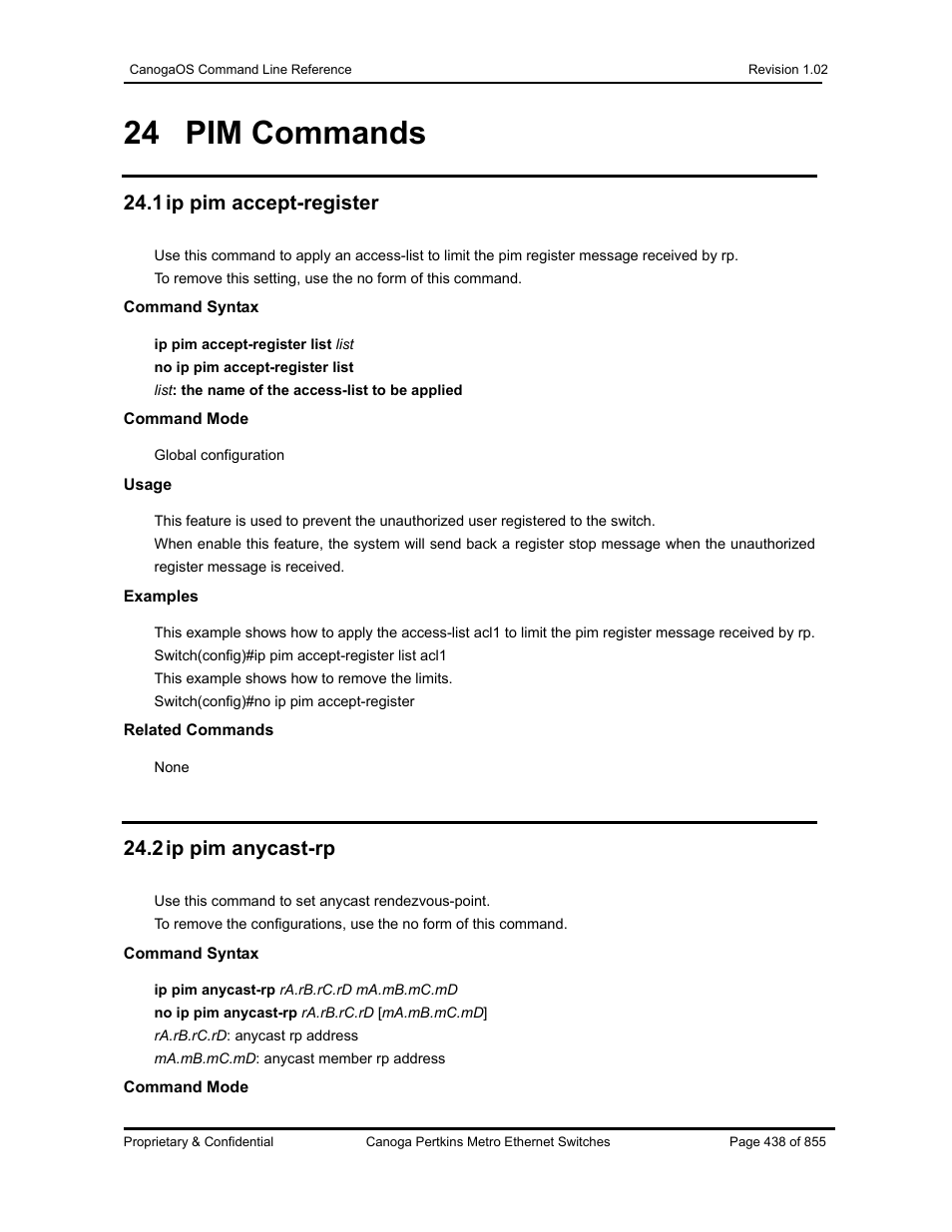 24 pim commands, 1 ip pim accept-register, 2 ip pim anycast-rp | CANOGA PERKINS CanogaOS Command Reference User Manual | Page 438 / 855