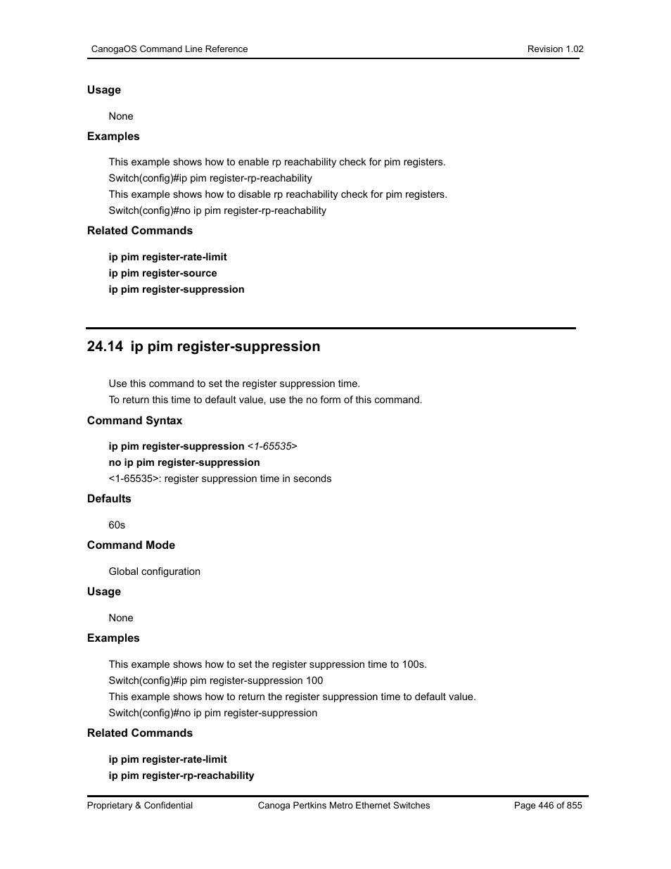 14 ip pim register-suppression | CANOGA PERKINS CanogaOS Command Reference User Manual | Page 446 / 855