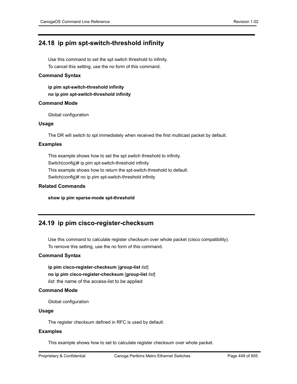 18 ip pim spt-switch-threshold infinity, 19 ip pim cisco-register-checksum | CANOGA PERKINS CanogaOS Command Reference User Manual | Page 449 / 855