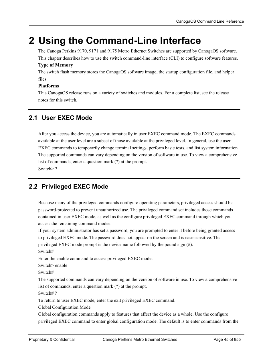 2 using the command-line interface, 1 user exec mode, 2 privileged exec mode | CANOGA PERKINS CanogaOS Command Reference User Manual | Page 45 / 855