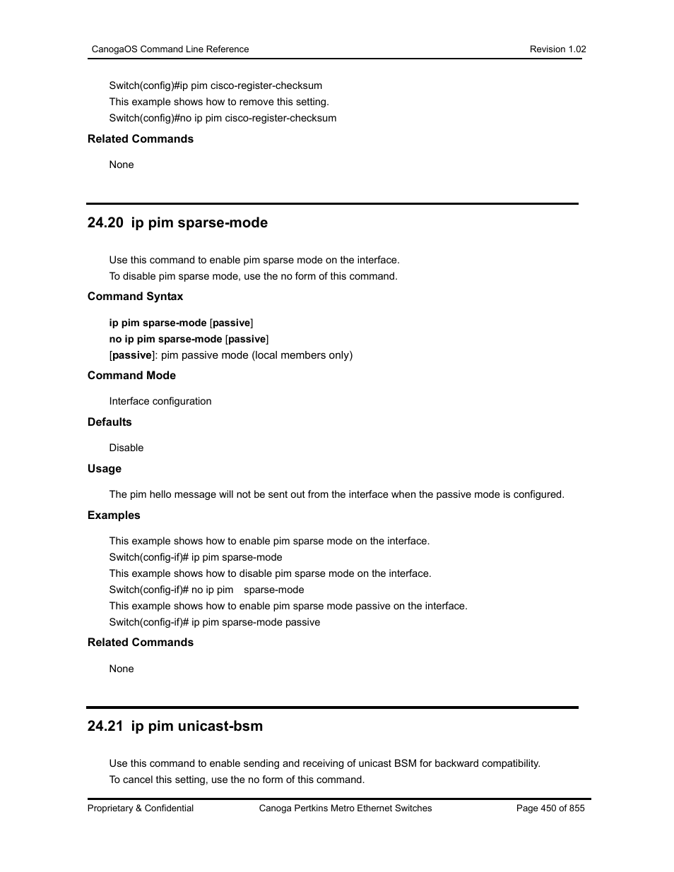 20 ip pim sparse-mode, 21 ip pim unicast-bsm | CANOGA PERKINS CanogaOS Command Reference User Manual | Page 450 / 855