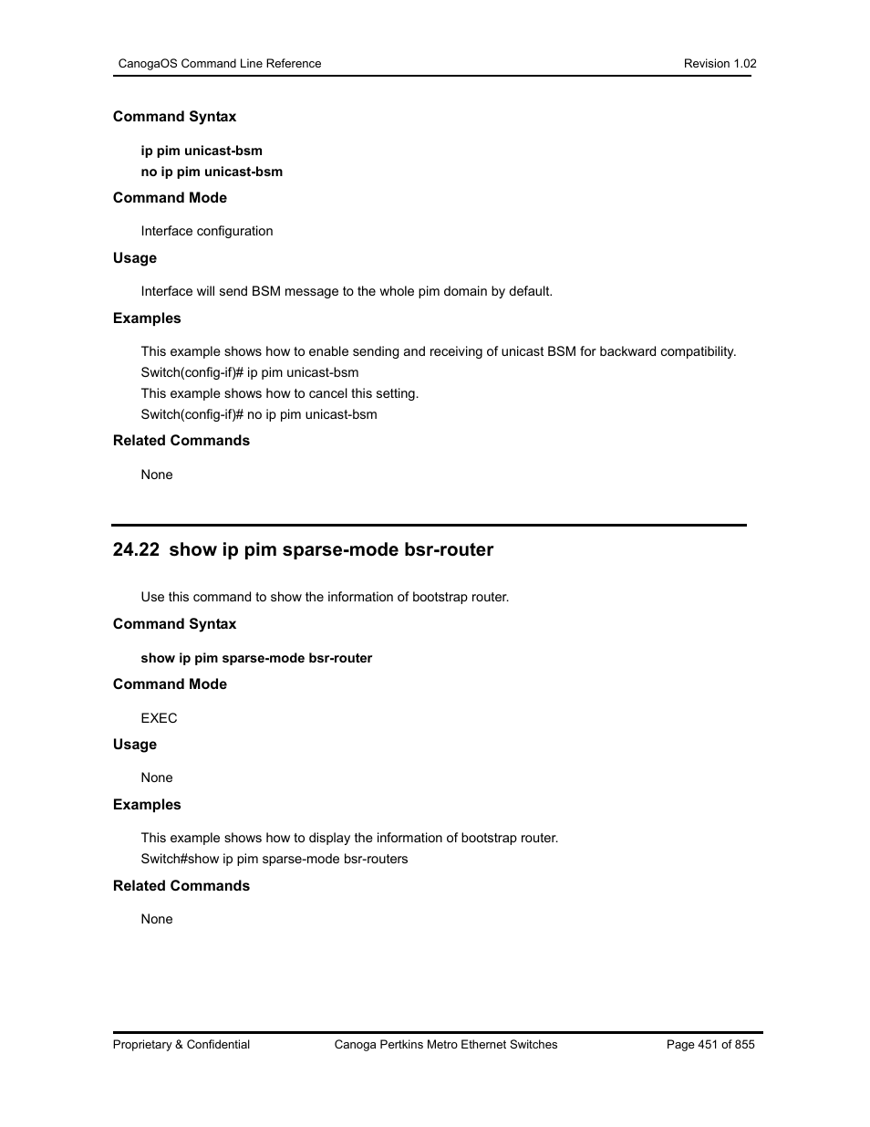 22 show ip pim sparse-mode bsr-router | CANOGA PERKINS CanogaOS Command Reference User Manual | Page 451 / 855