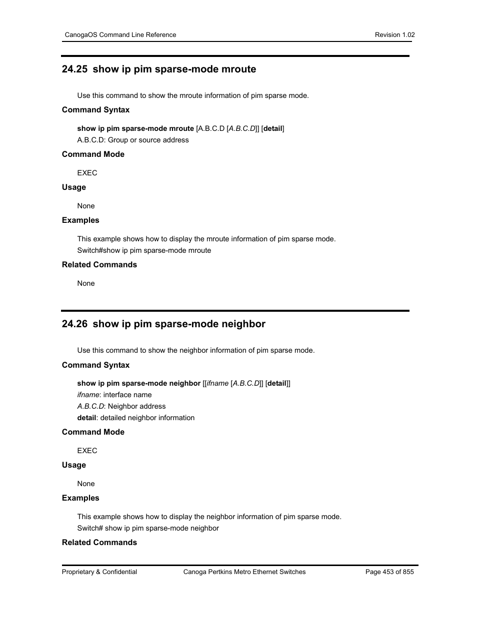 25 show ip pim sparse-mode mroute, 26 show ip pim sparse-mode neighbor | CANOGA PERKINS CanogaOS Command Reference User Manual | Page 453 / 855