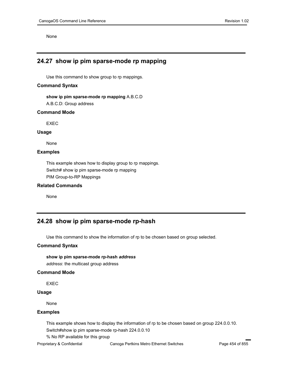 27 show ip pim sparse-mode rp mapping, 28 show ip pim sparse-mode rp-hash | CANOGA PERKINS CanogaOS Command Reference User Manual | Page 454 / 855