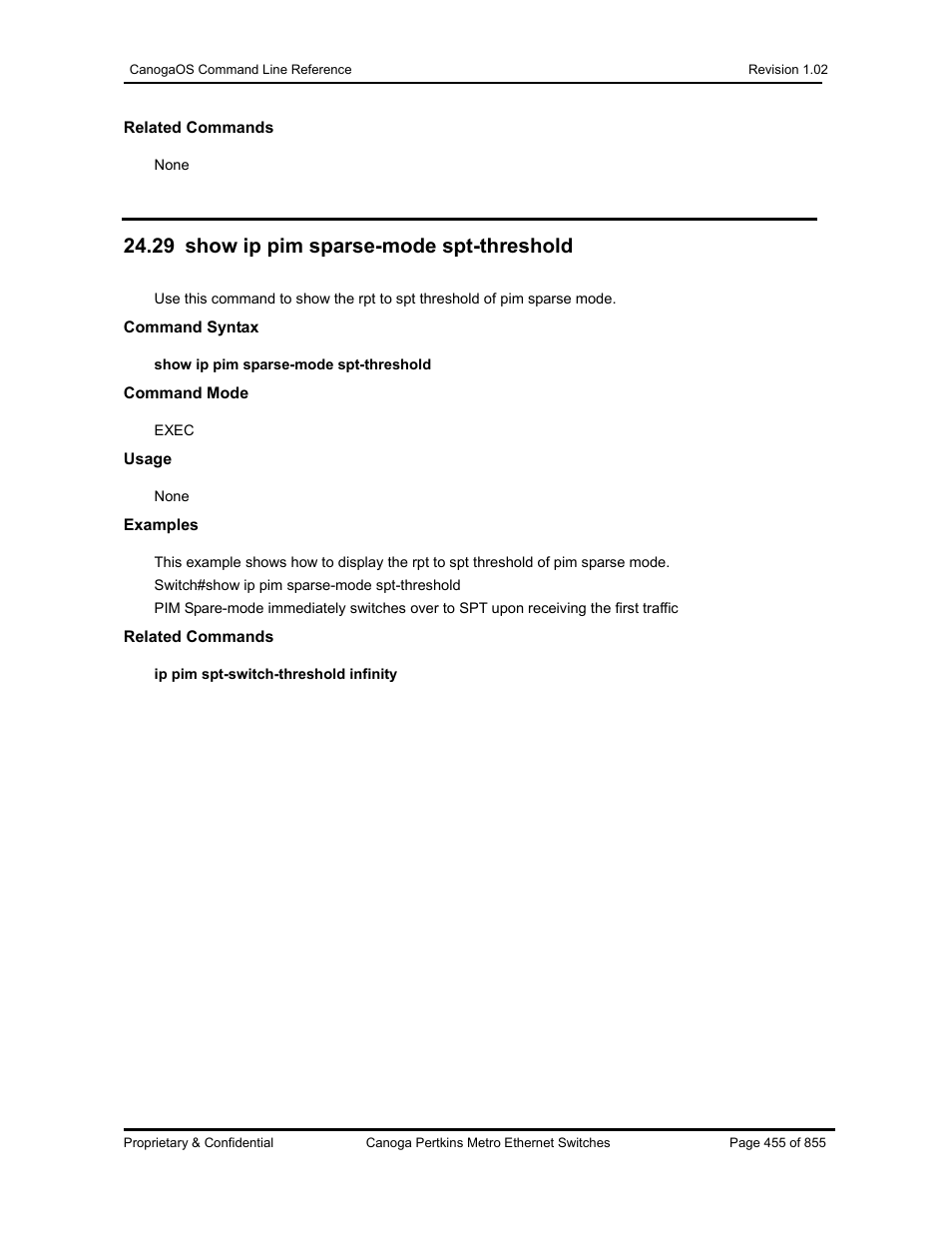 29 show ip pim sparse-mode spt-threshold | CANOGA PERKINS CanogaOS Command Reference User Manual | Page 455 / 855