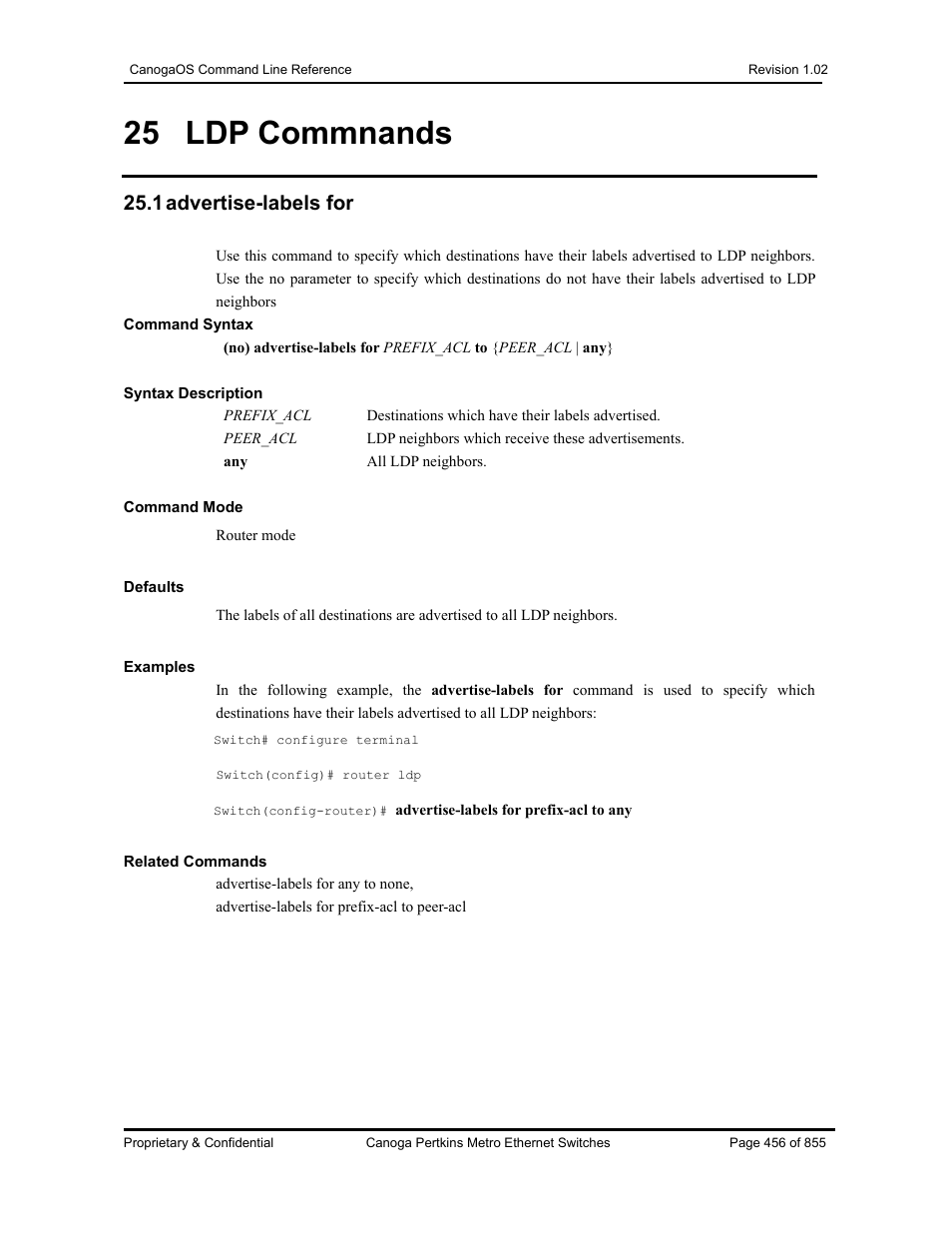 25 ldp commnands, 1 advertise-labels for | CANOGA PERKINS CanogaOS Command Reference User Manual | Page 456 / 855