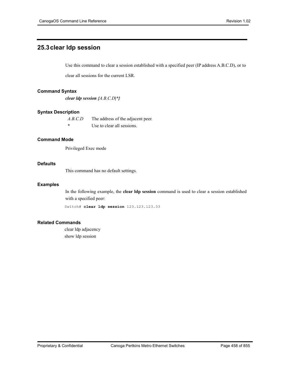 3 clear ldp session | CANOGA PERKINS CanogaOS Command Reference User Manual | Page 458 / 855