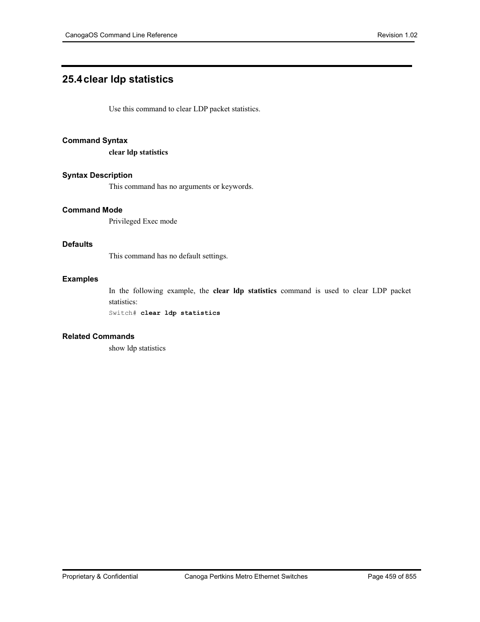 4 clear ldp statistics | CANOGA PERKINS CanogaOS Command Reference User Manual | Page 459 / 855