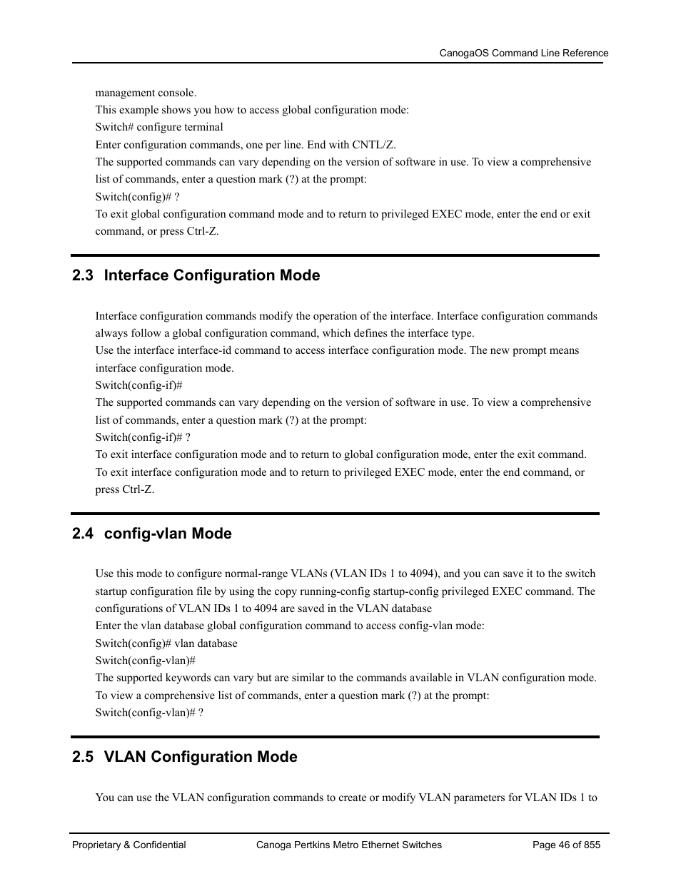 3 interface configuration mode, 4 config-vlan mode, 5 vlan configuration mode | CANOGA PERKINS CanogaOS Command Reference User Manual | Page 46 / 855