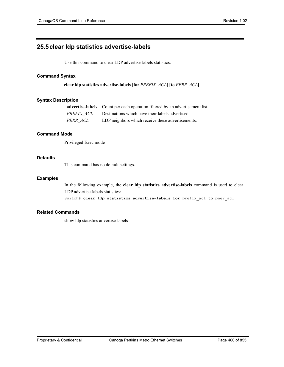 5 clear ldp statistics advertise-labels | CANOGA PERKINS CanogaOS Command Reference User Manual | Page 460 / 855