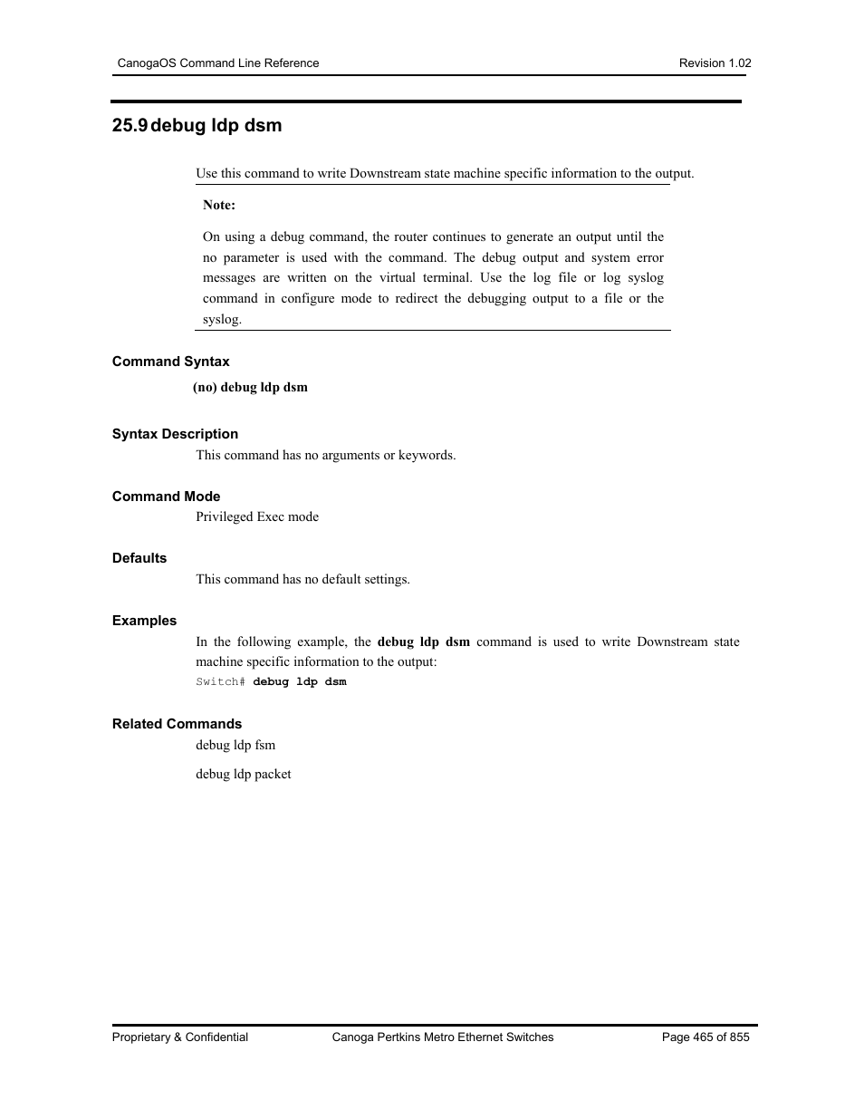 9 debug ldp dsm | CANOGA PERKINS CanogaOS Command Reference User Manual | Page 465 / 855