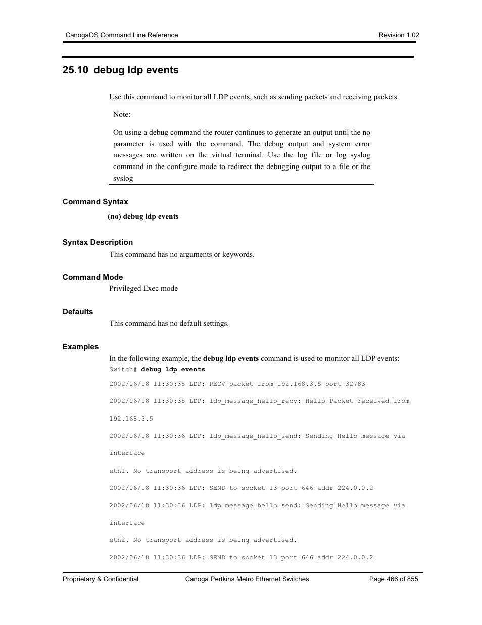10 debug ldp events | CANOGA PERKINS CanogaOS Command Reference User Manual | Page 466 / 855
