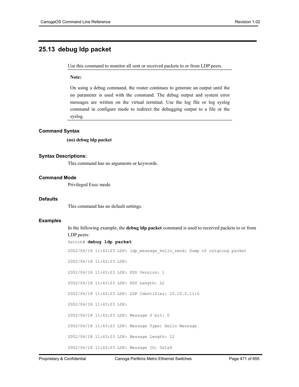 13 debug ldp packet | CANOGA PERKINS CanogaOS Command Reference User Manual | Page 471 / 855