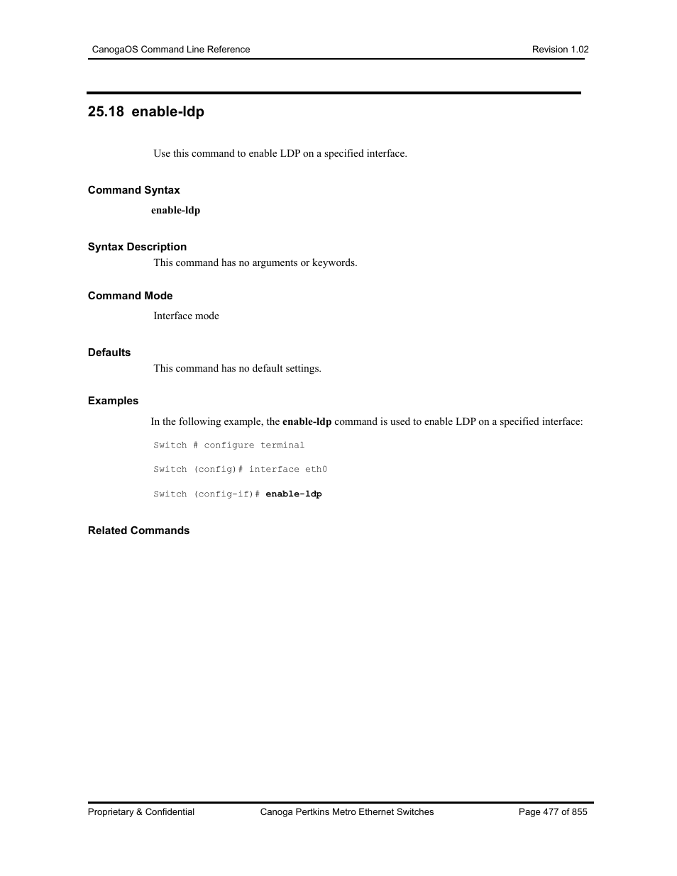 18 enable-ldp | CANOGA PERKINS CanogaOS Command Reference User Manual | Page 477 / 855