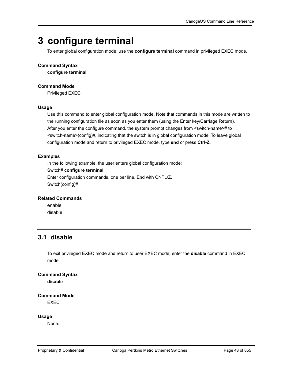 3 configure terminal, 1 disable | CANOGA PERKINS CanogaOS Command Reference User Manual | Page 48 / 855