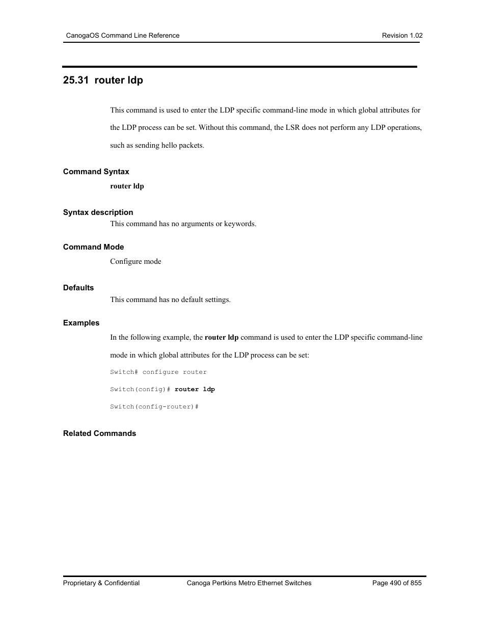 31 router ldp | CANOGA PERKINS CanogaOS Command Reference User Manual | Page 490 / 855