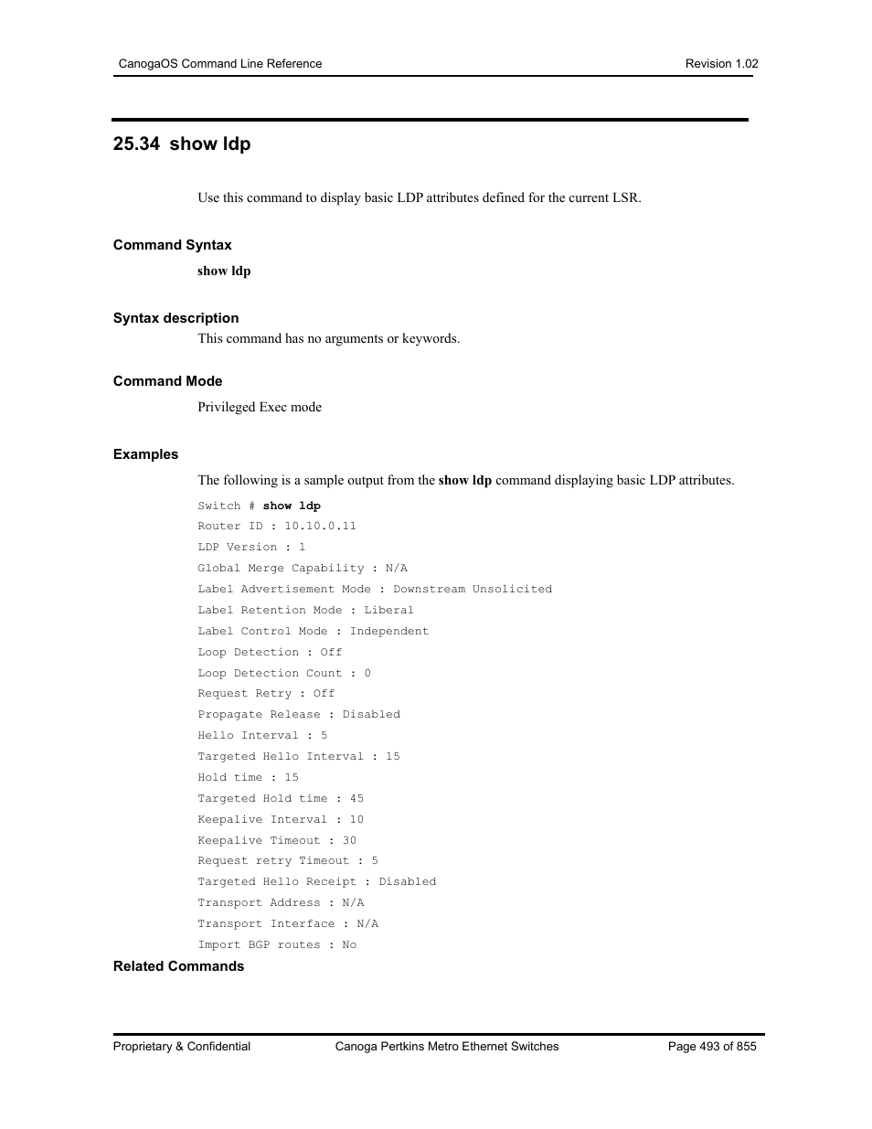 34 show ldp | CANOGA PERKINS CanogaOS Command Reference User Manual | Page 493 / 855