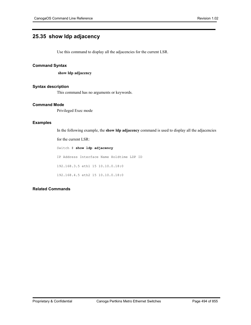 35 show ldp adjacency | CANOGA PERKINS CanogaOS Command Reference User Manual | Page 494 / 855