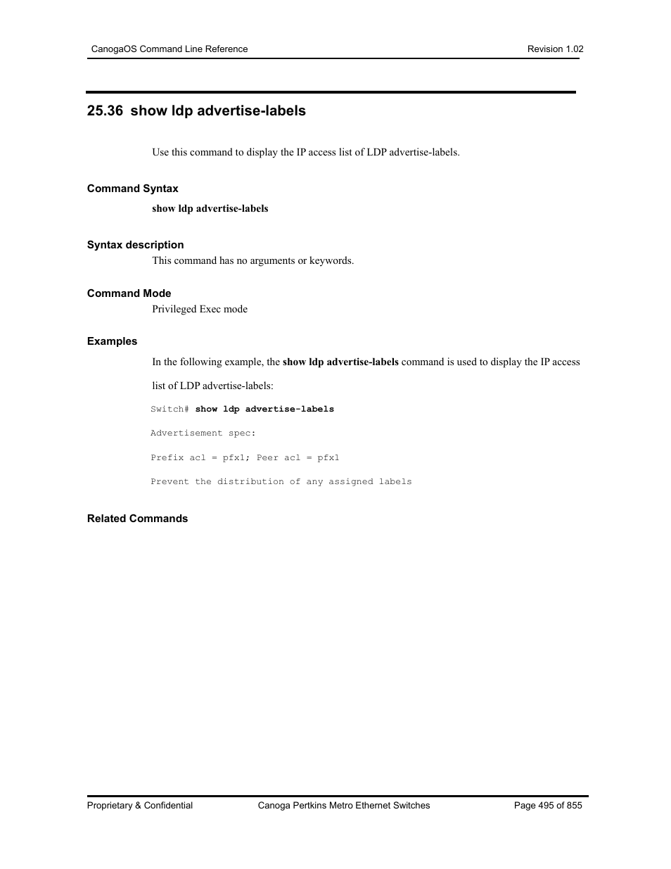 36 show ldp advertise-labels | CANOGA PERKINS CanogaOS Command Reference User Manual | Page 495 / 855