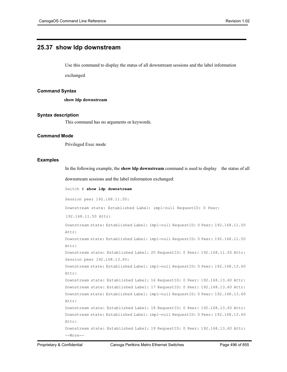 37 show ldp downstream | CANOGA PERKINS CanogaOS Command Reference User Manual | Page 496 / 855