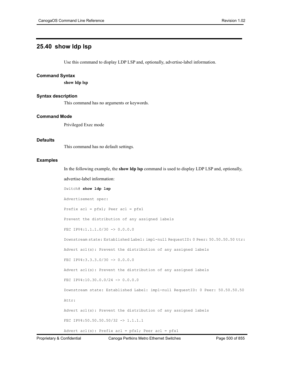 40 show ldp lsp | CANOGA PERKINS CanogaOS Command Reference User Manual | Page 500 / 855