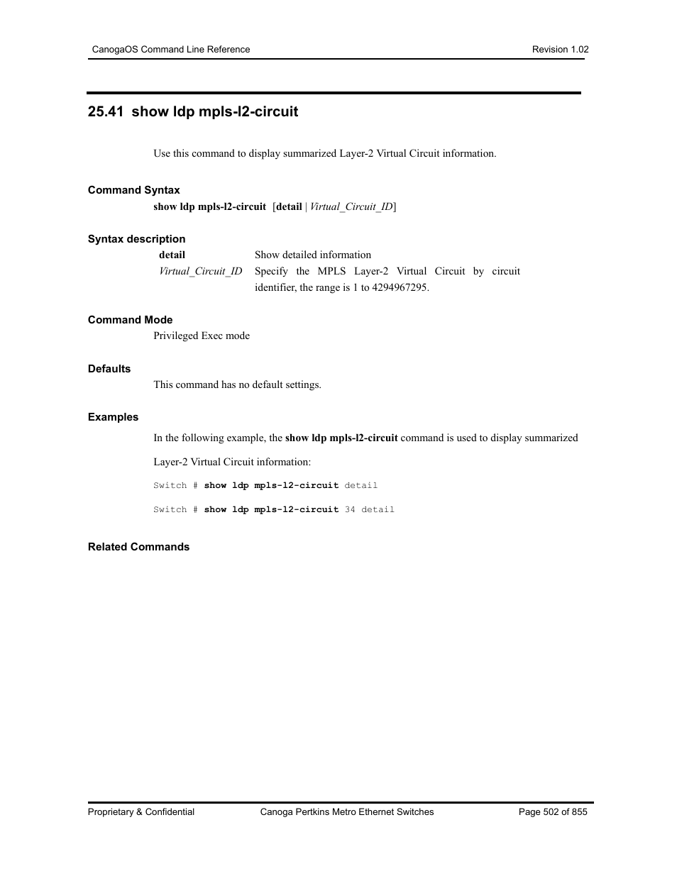 41 show ldp mpls-l2-circuit | CANOGA PERKINS CanogaOS Command Reference User Manual | Page 502 / 855