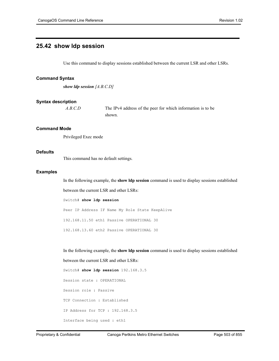 42 show ldp session | CANOGA PERKINS CanogaOS Command Reference User Manual | Page 503 / 855