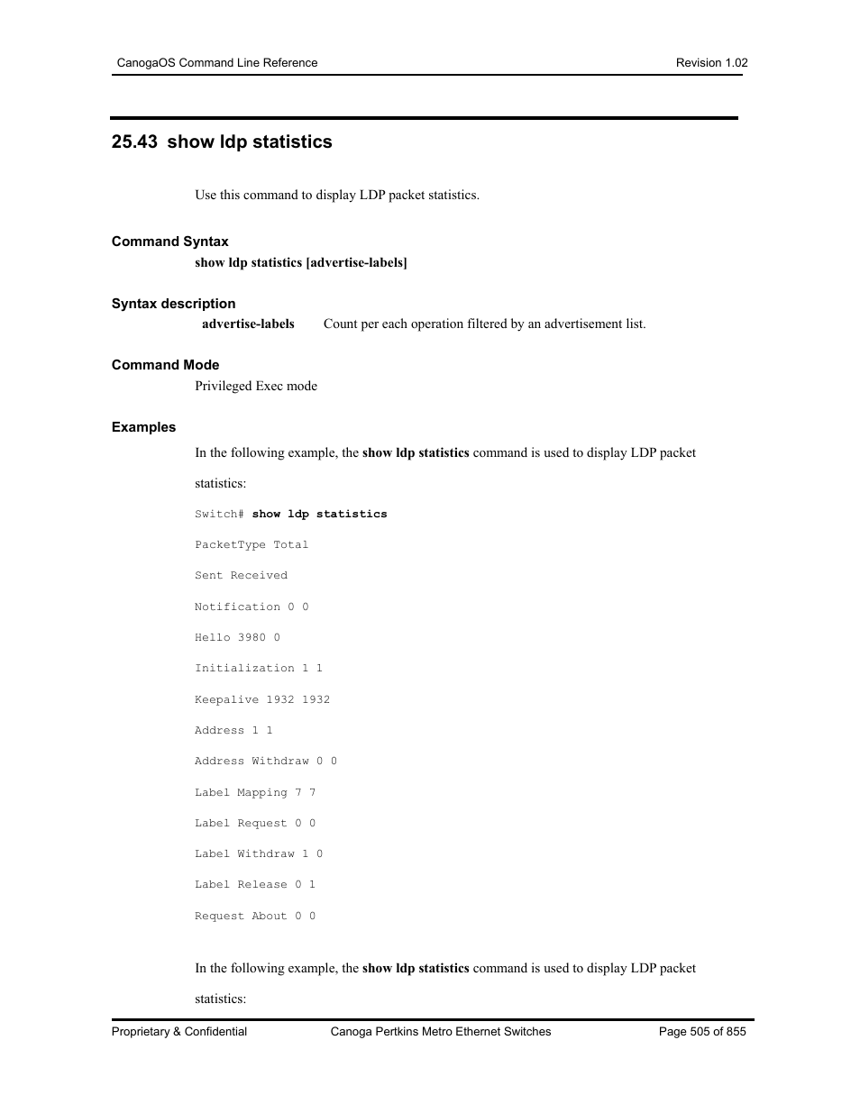 43 show ldp statistics | CANOGA PERKINS CanogaOS Command Reference User Manual | Page 505 / 855