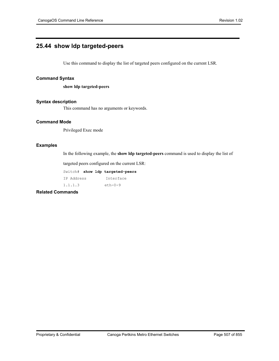 44 show ldp targeted-peers | CANOGA PERKINS CanogaOS Command Reference User Manual | Page 507 / 855