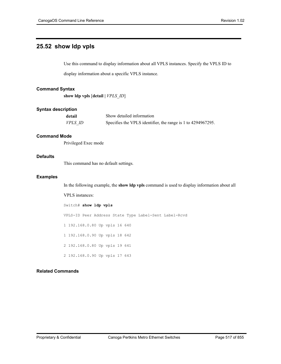 52 show ldp vpls | CANOGA PERKINS CanogaOS Command Reference User Manual | Page 517 / 855