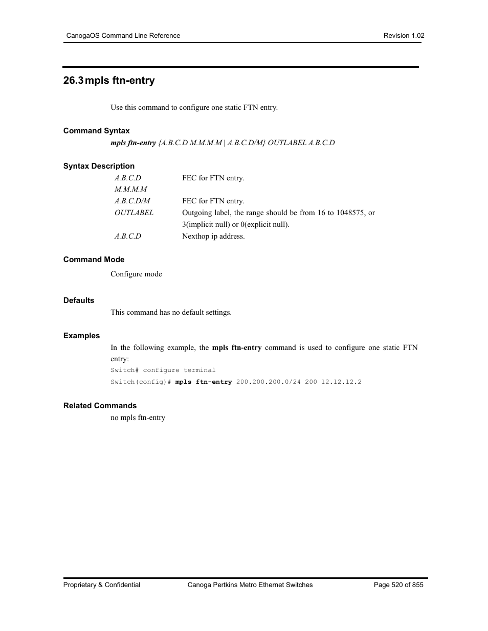 3 mpls ftn-entry | CANOGA PERKINS CanogaOS Command Reference User Manual | Page 520 / 855